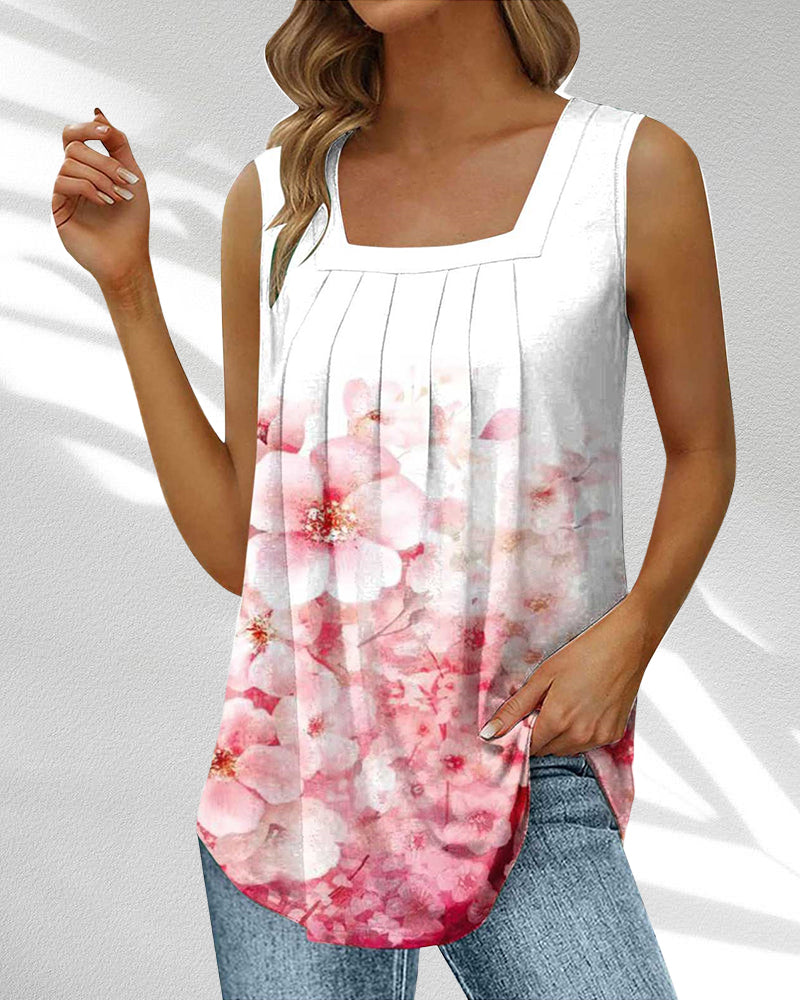 Square Neck Tank Top in Feather and Floral Print