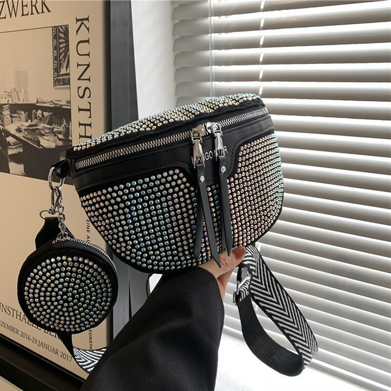 Fashion Rhinestone PU Leather Waist Bag