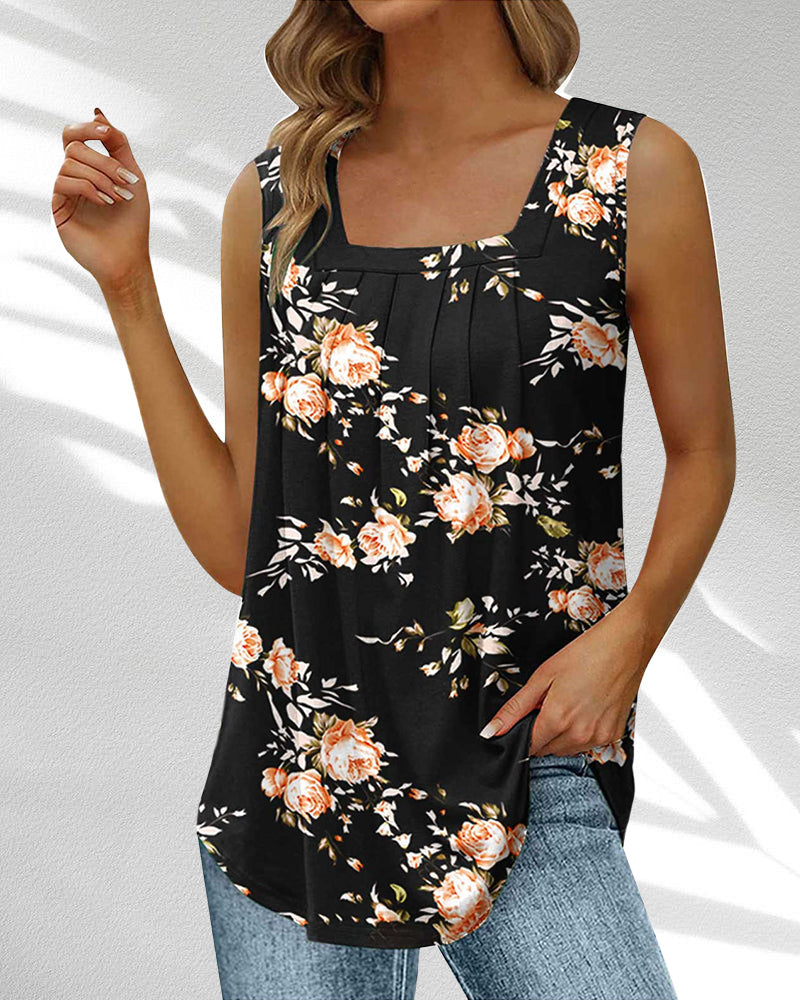 Square Neck Tank Top in Feather and Floral Print